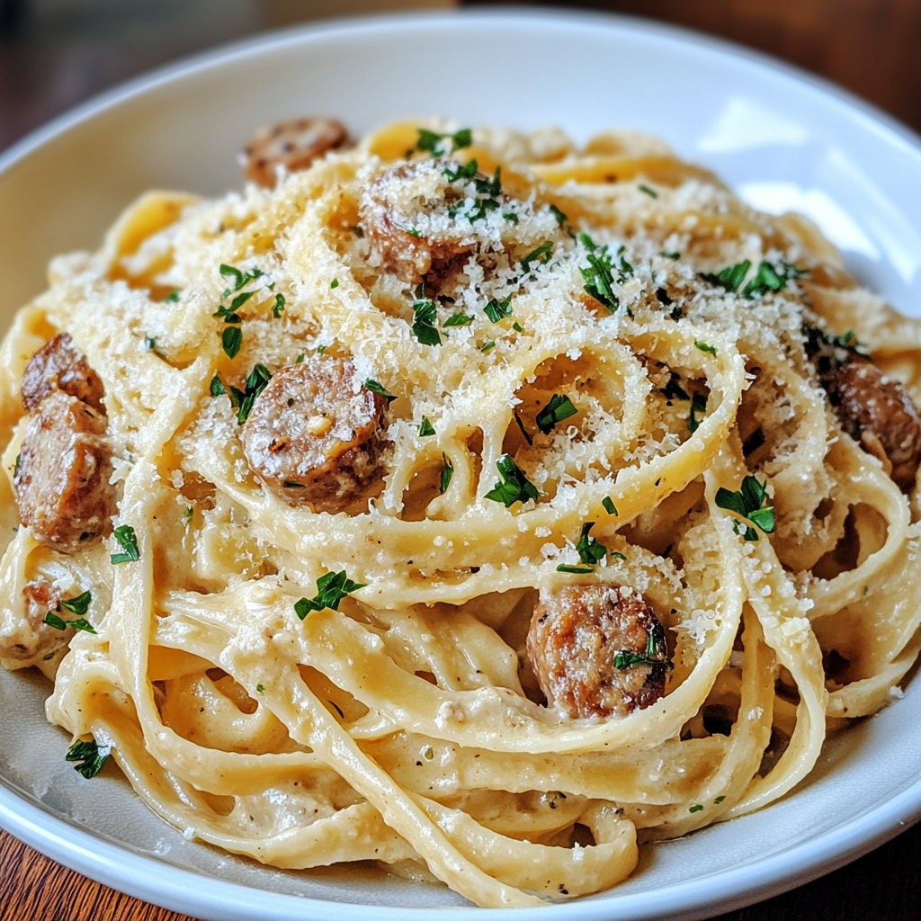 Creamy Garlic Parmesan Sausage Fettuccine
