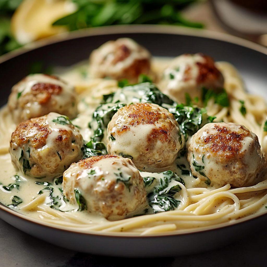 Chicken Ricotta Meatballs in Spinach Alfredo Sauce