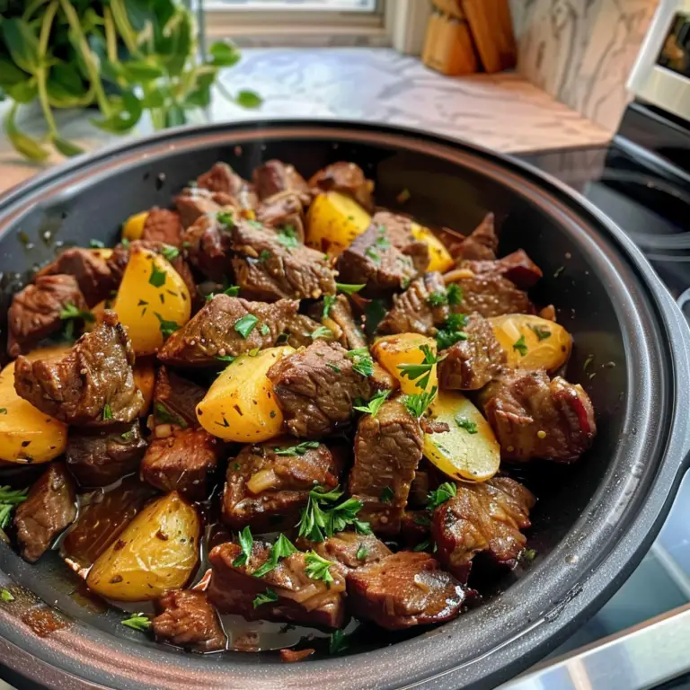 Slow Cooker Garlic Butter Beef Bites & Potatoes