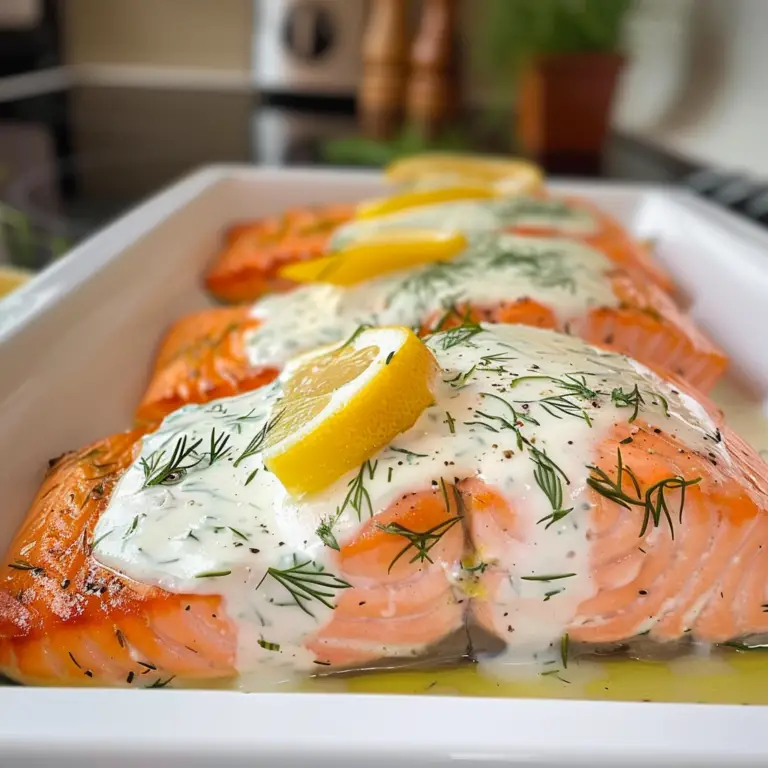 Baked Lemon Salmon with Creamy Dill Sauce