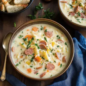 Potato Kielbasa and White Cheddar Soup