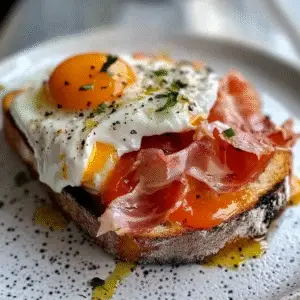Fried Egg Yolk, Burrata and Prosciutto Toast