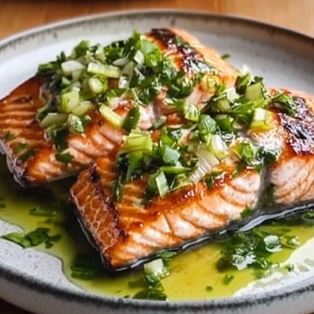 Miso Butter Salmon with Sizzled Scallion Salsa Verde