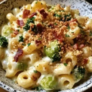 Creamy Mac and Cheese with Brussels Sprouts & Bacon Topping