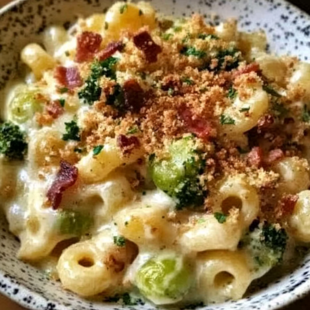 Creamy Mac and Cheese with Brussels Sprouts & Bacon Topping