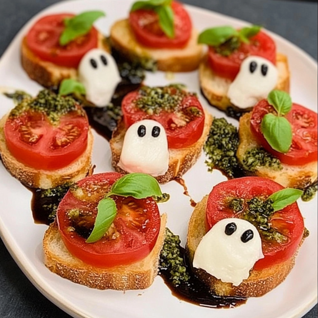 Spooky Caprese Crostini Ghosts
